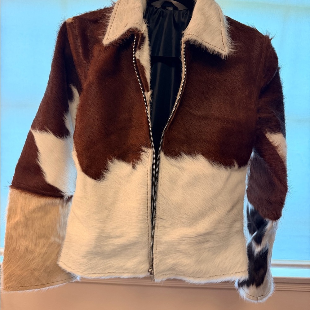Cowhide Zip-Front Jacket in Brown & White